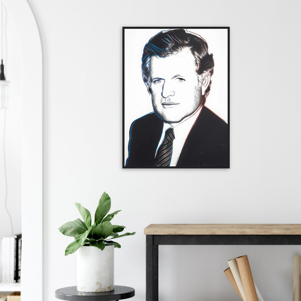 Andy Warhol framed print depicting the sitter’s recognizable face directs attention toward public image, personality and the graphic simplification of photographic portraiture