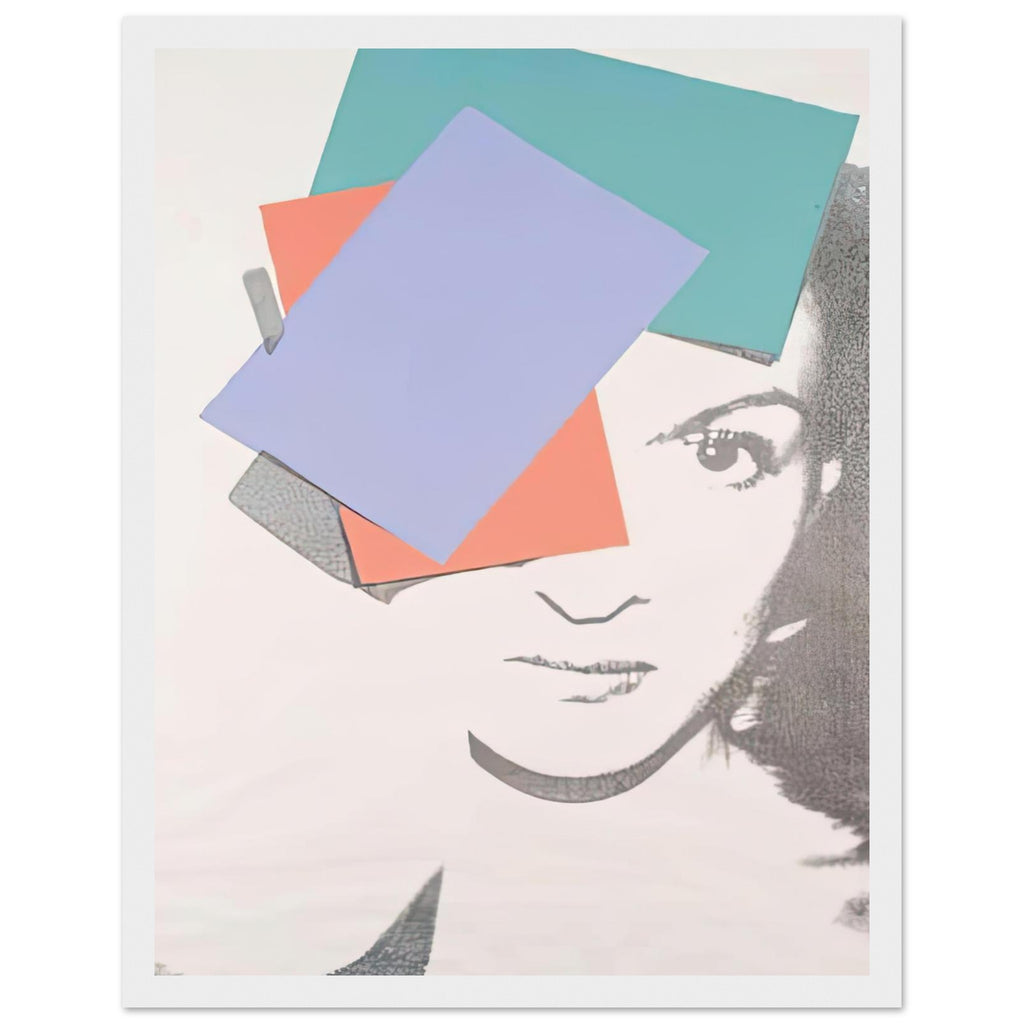 Andy Warhol framed print depicting the central face is treated as a graphic emblem, with selective contour and colour drawing attention to the sitter’s expression and composed presence; Paloma Picasso, daughter of Pablo Picasso, was a figure in the international fashion and art worlds, white frame, 27x35 cm / 11x14″