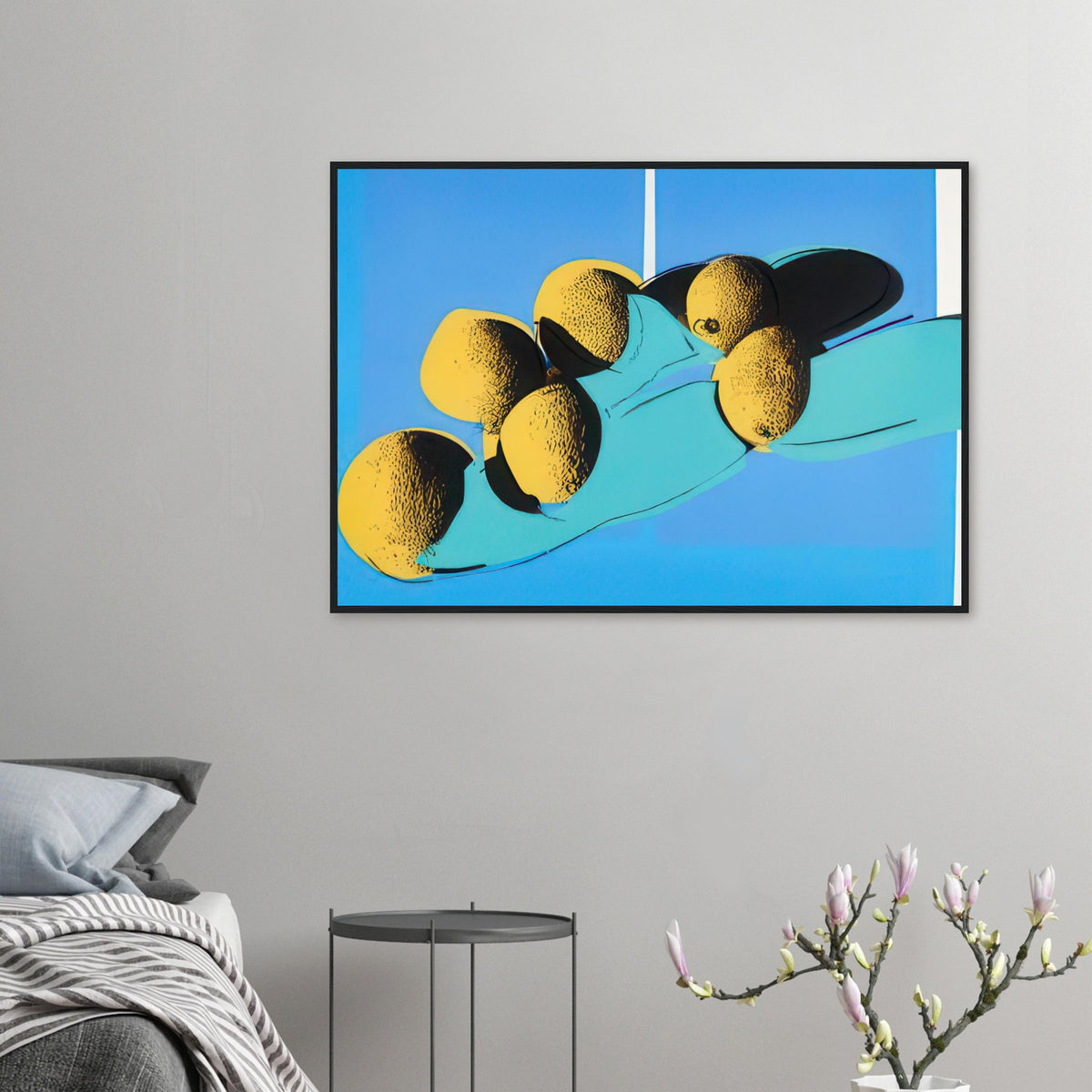 Andy Warhol framed print depicting rounded fruit forms, expressive edges and the recognizable shapes of cantaloupes, a detail that connects the composition to its broader artistic subject