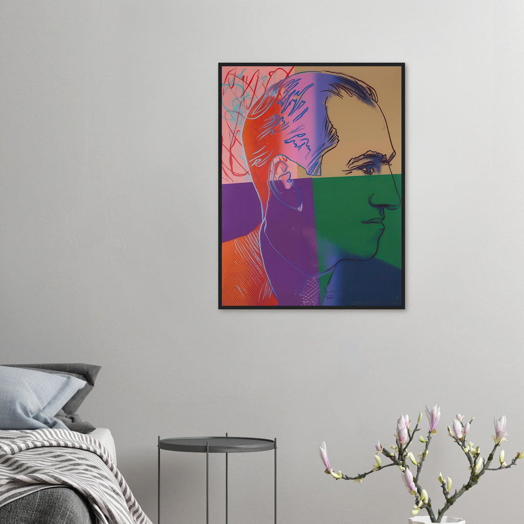 Andy Warhol framed print depicting the image centers on a distinctive likeness rather than narrative scenery; line and simplified contrast make the person the focus