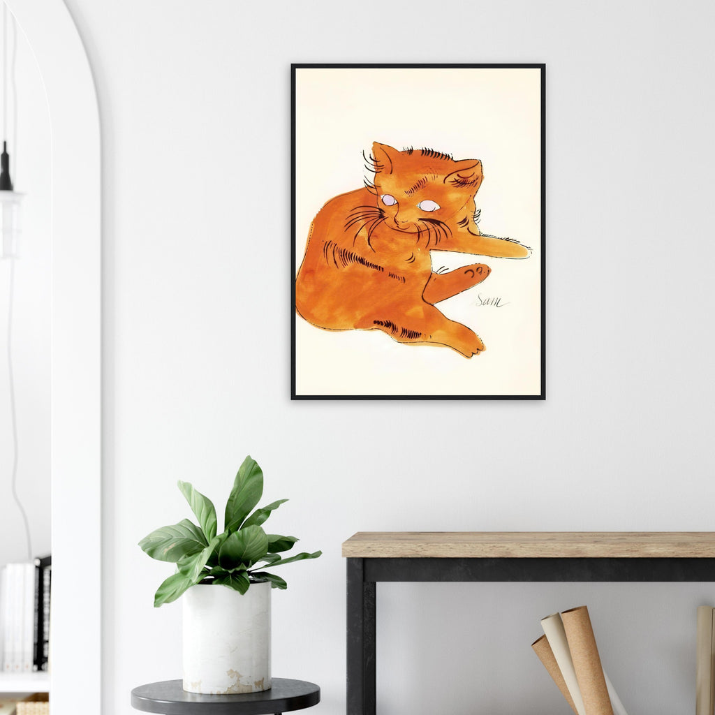Andy Warhol framed print depicting a spare contour drawing gives the animal its personality, while uncomplicated forms keep the focus on the cat’s outline and pose