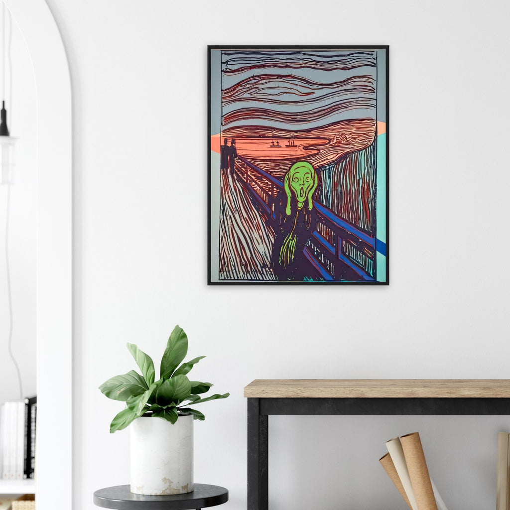 Andy Warhol framed print depicting the familiar anguished figure and its expressive gesture supply a point of recognition; graphic repetition and strong contours shift the emphasis toward the image’s public life as an icon; Warhol’s work titled The Scream references a famous expressionist image, a reminder that he sometimes
