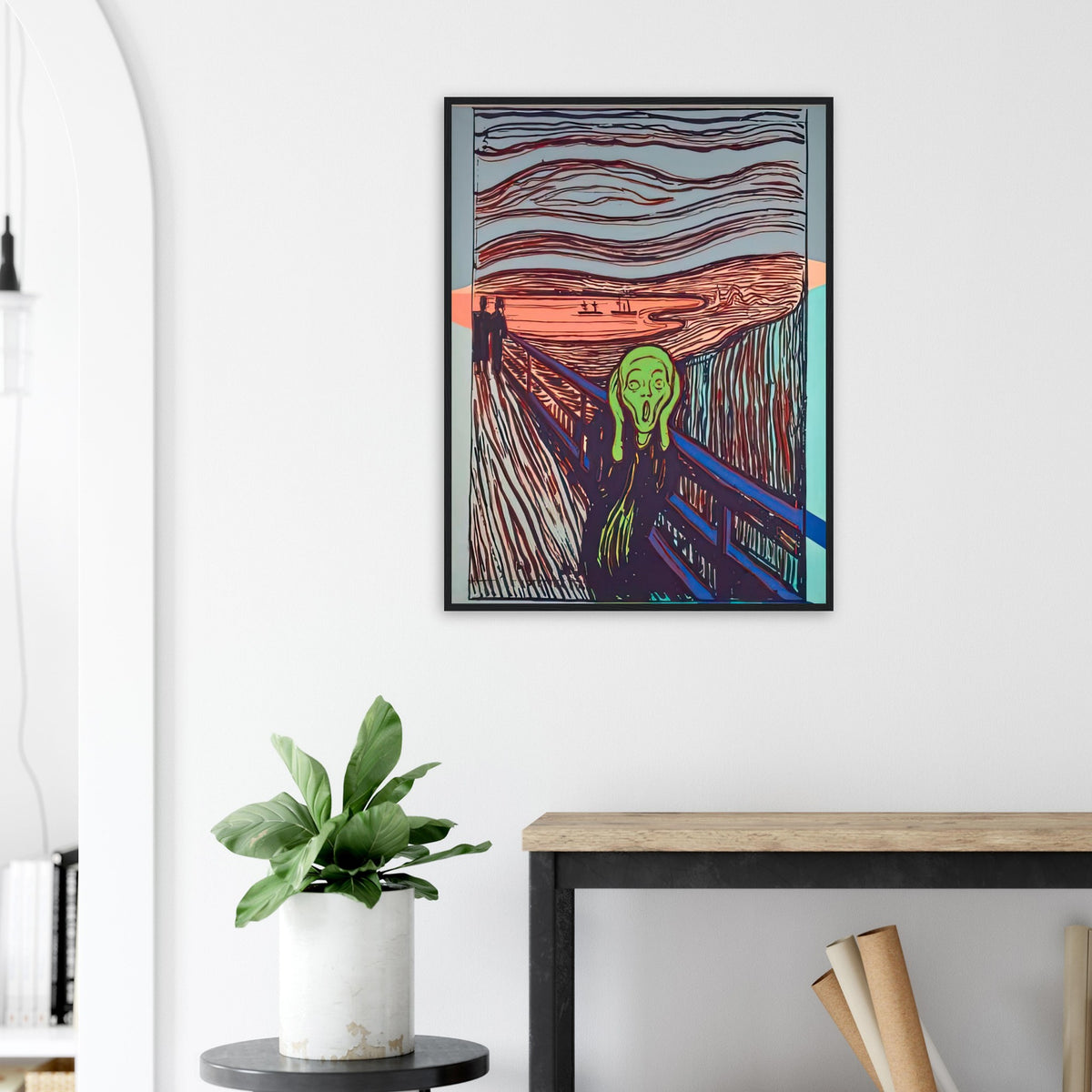 Andy Warhol framed print depicting the familiar anguished figure and its expressive gesture supply a point of recognition; graphic repetition and strong contours shift the emphasis toward the image’s public life as an icon; Warhol’s work titled The Scream references a famous expressionist image, a reminder that he sometimes