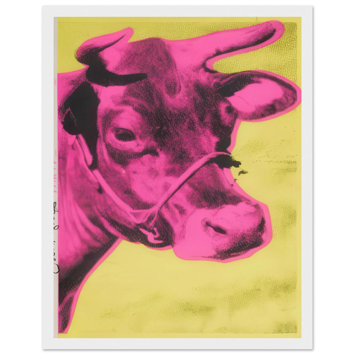 Andy Warhol framed print depicting the cow’s face becomes a bold graphic presence, replacing the gentle mood of traditional animal painting with irreverent visual impact, white frame, 27x35 cm / 11x14″