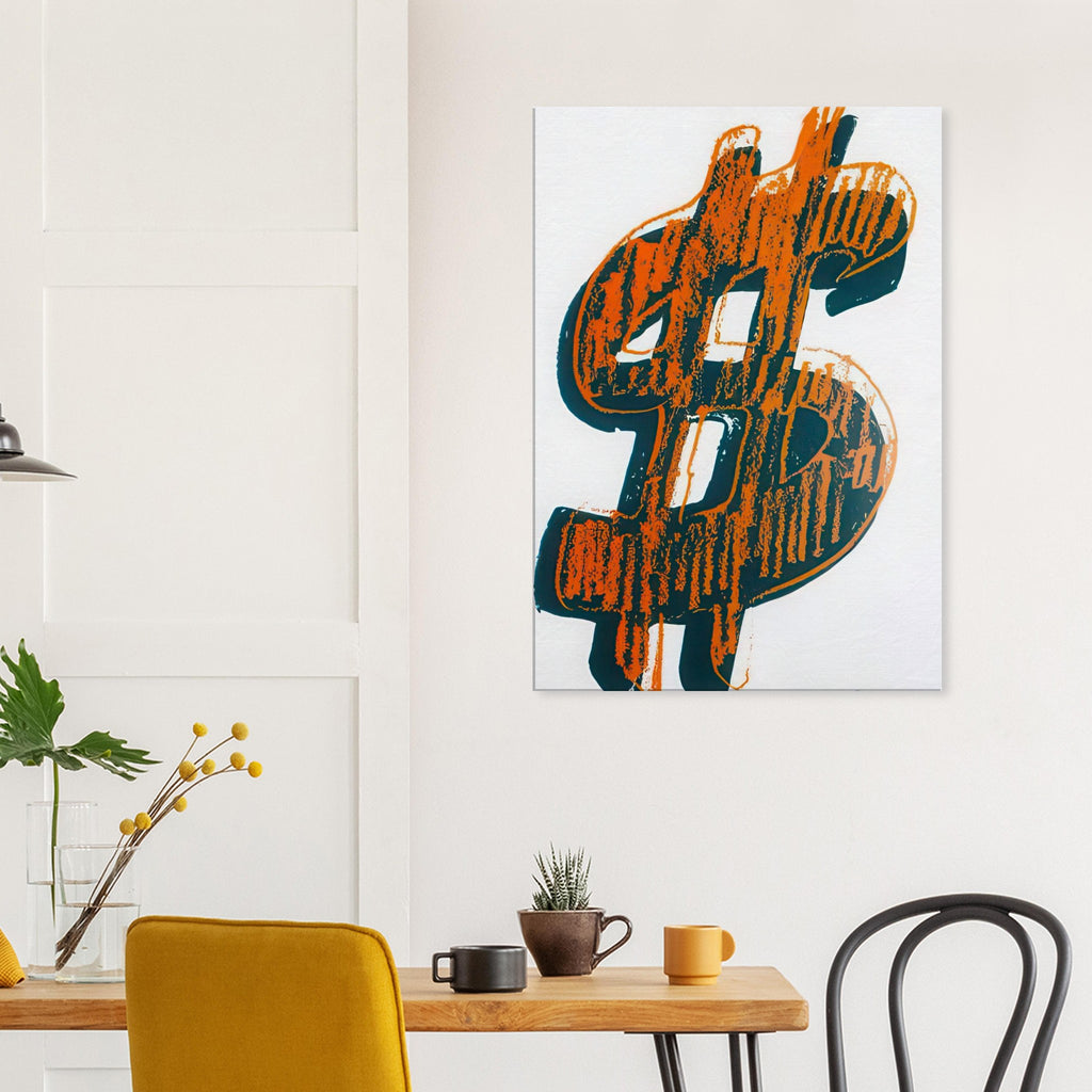 Andy Warhol canvas print depicting the repeated or isolated currency mark operates like a logo: simple, recognizable and assertive