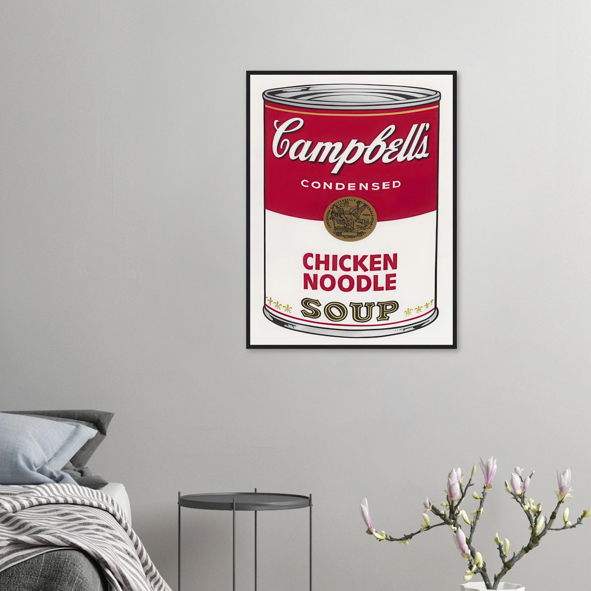 Andy Warhol framed print depicting the instantly legible soup-can silhouette, packaging lettering and product name create a highly recognizable commercial composition