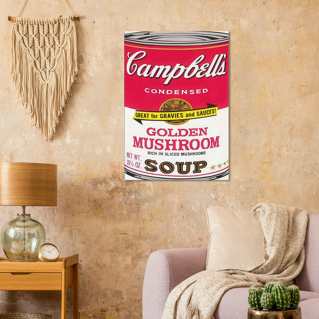 Andy Warhol canvas print depicting the instantly legible soup-can silhouette, packaging lettering and product name create a highly recognizable commercial composition