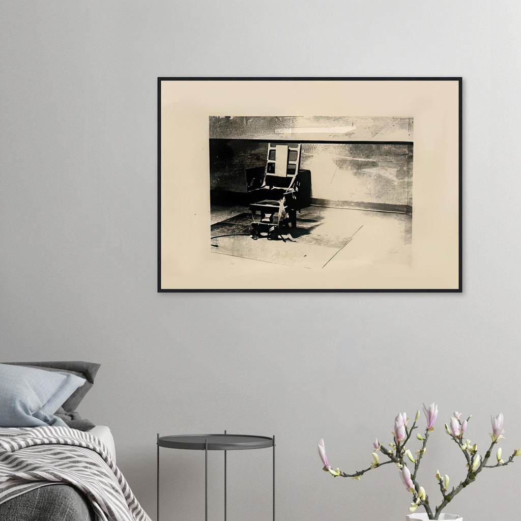 Andy Warhol framed print depicting the stark chair, its surroundings and the tense emptiness of the room, a detail that connects the composition to its broader artistic subject