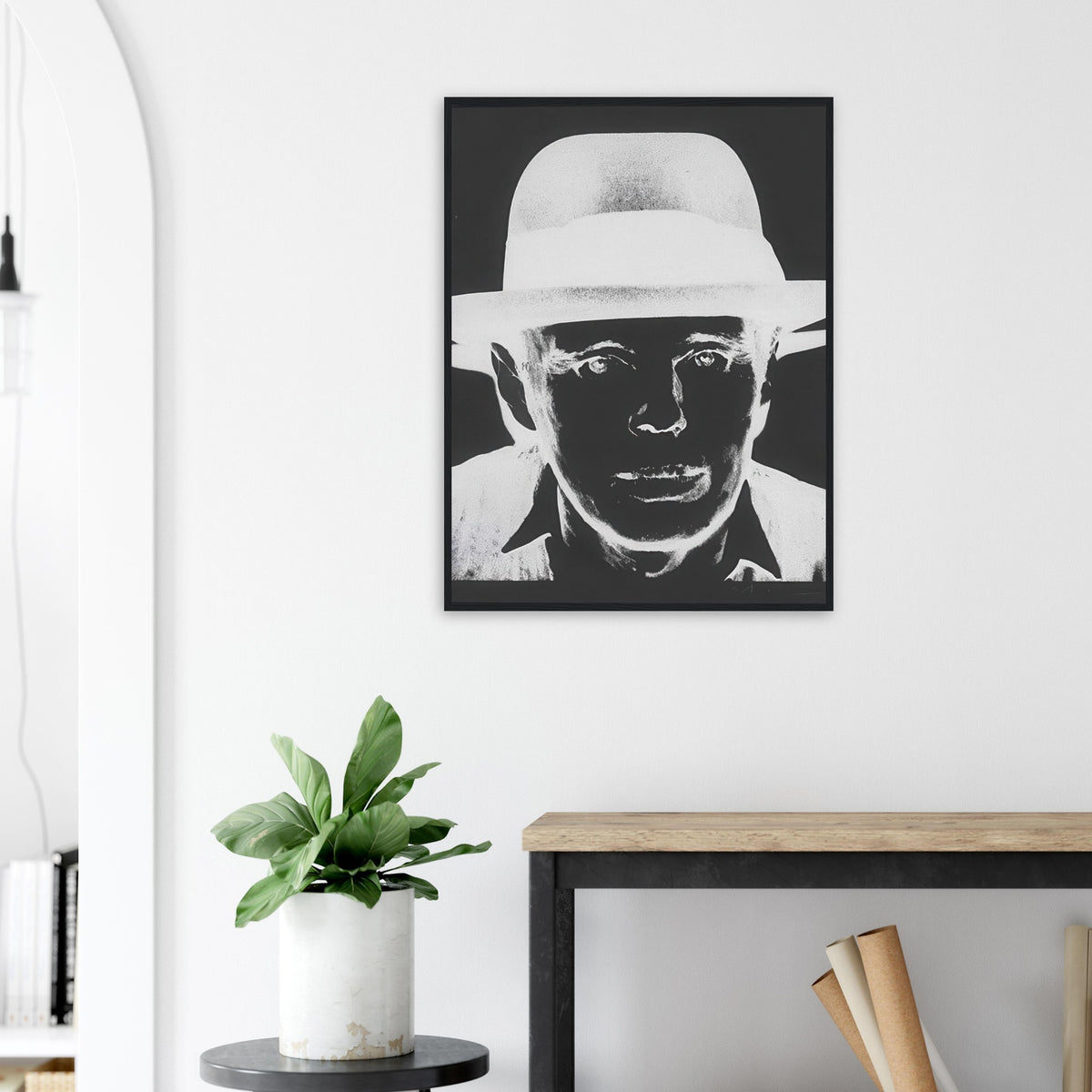 Andy Warhol framed print depicting beuys faces the viewer wearing his characteristic brimmed felt hat; Warhol portrayed fellow artist Joseph Beuys after photographing him in 1979
