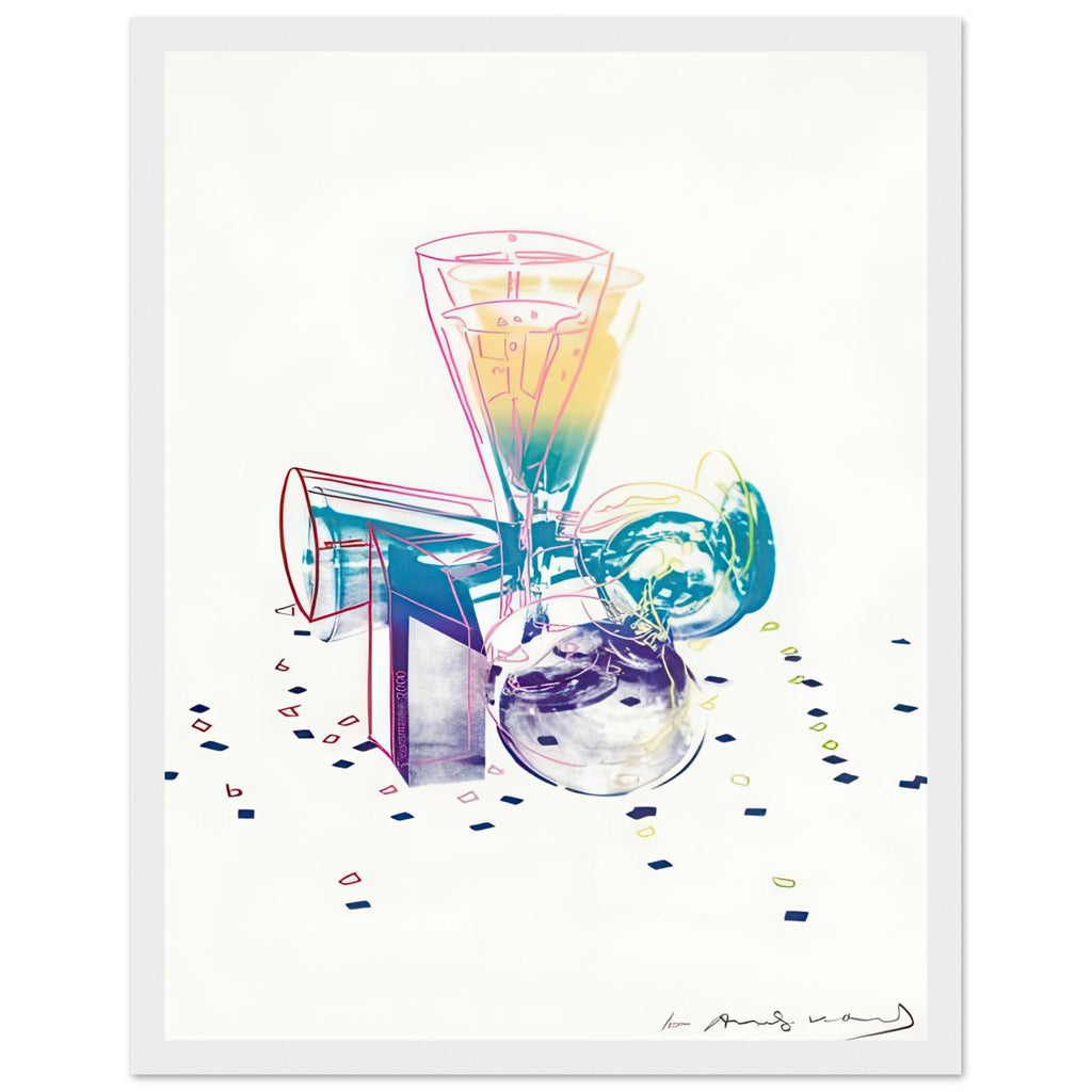 Andy Warhol framed print depicting the still-life arrangement places everyday objects into a decorative composition with a festive, slightly theatrical character, white frame, 27x35 cm / 11x14″