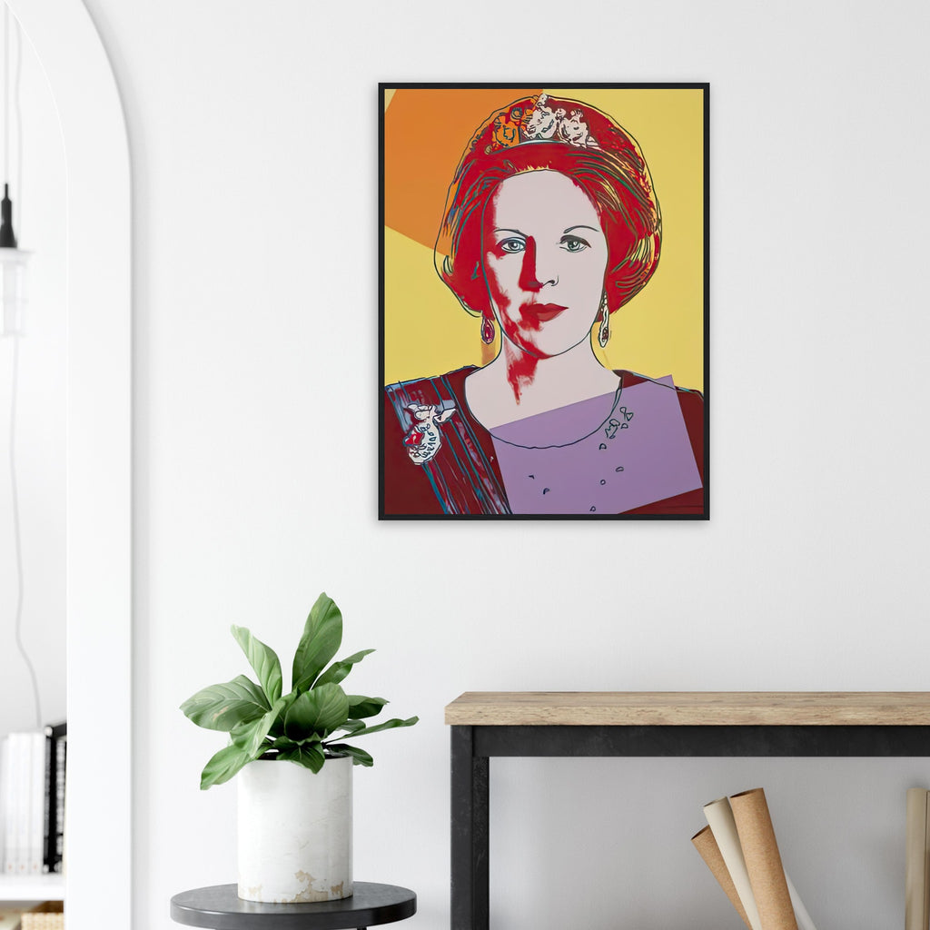 Andy Warhol framed print depicting this work depicts Queen Beatrix of the Netherlands; The Reigning Queens portfolio presented four women who held ruling power in their own right: Elizabeth