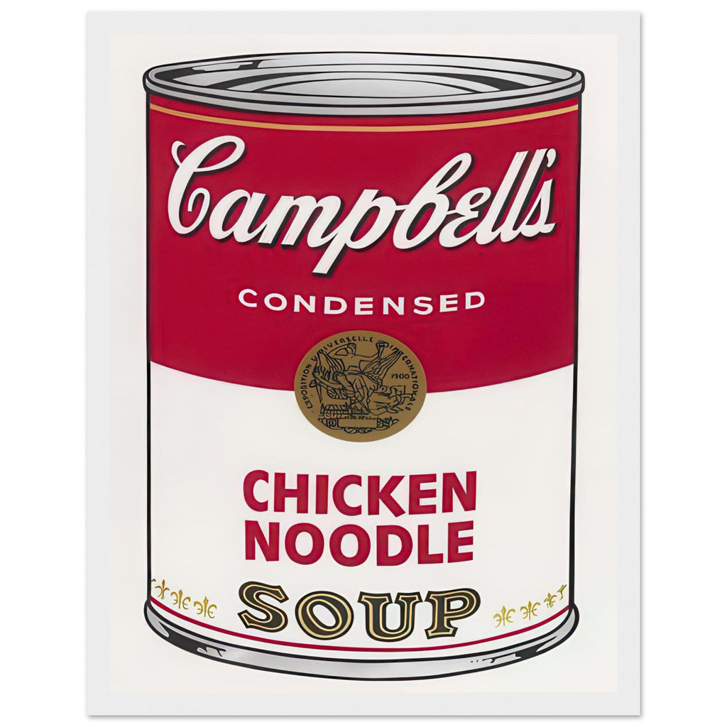 Andy Warhol framed print depicting the instantly legible soup-can silhouette, packaging lettering and product name create a highly recognizable commercial composition, white frame, 27x35 cm / 11x14″