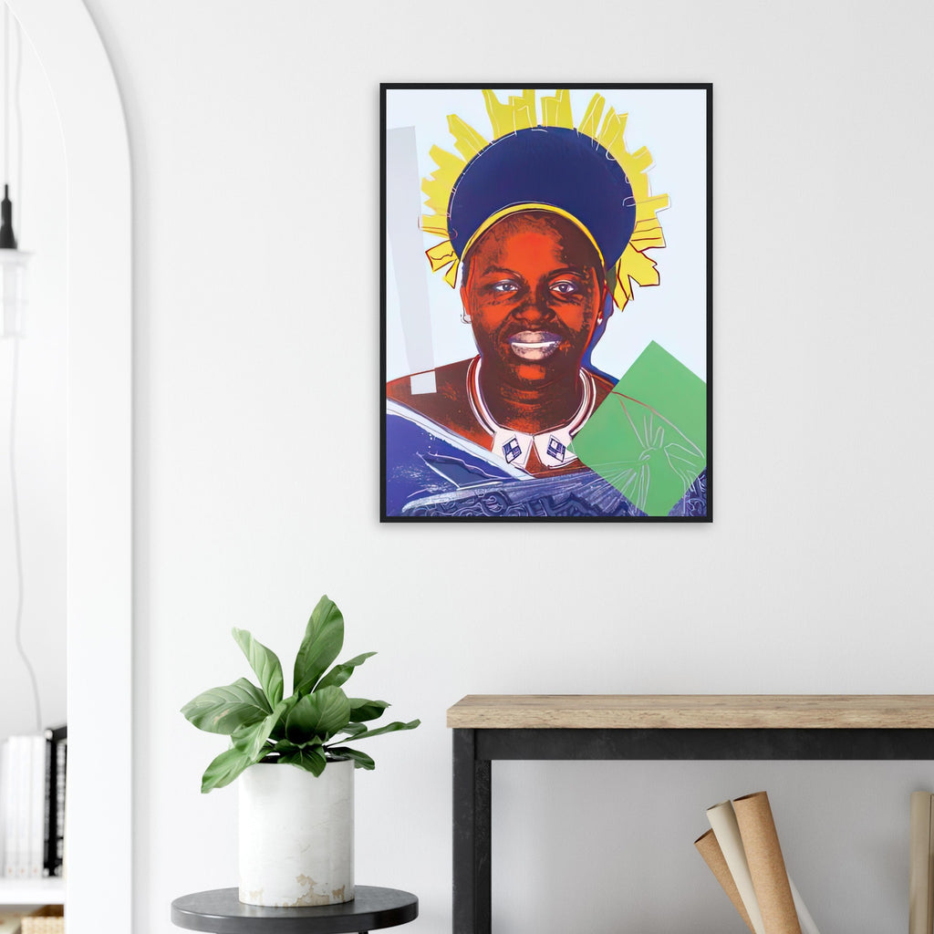 Andy Warhol framed print depicting this work depicts Queen Ntombi Twala of Swaziland; The Reigning Queens portfolio presented four women who held ruling power in their own right: Elizabeth