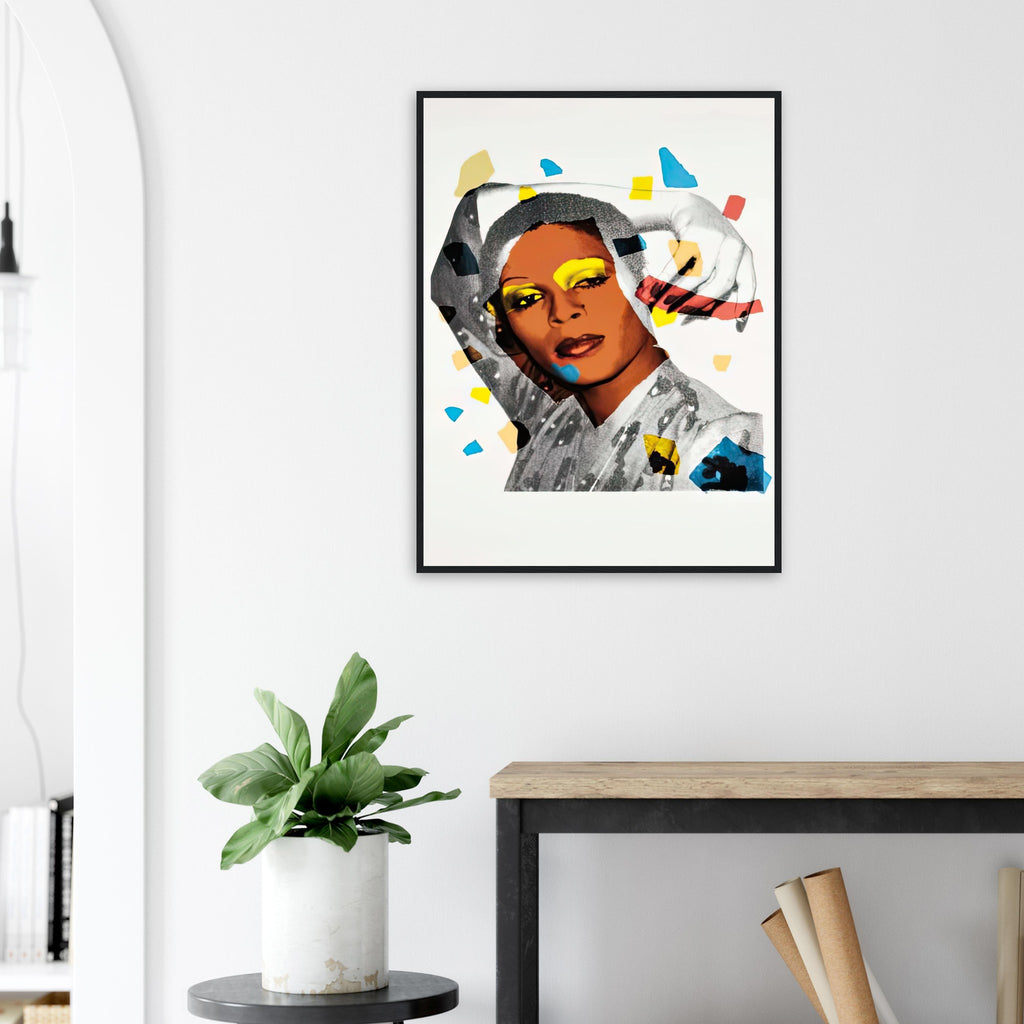 Andy Warhol framed print depicting areas of saturated colour and loose, sometimes deliberately displaced contours interact with the sitter’s photographic likeness; The Ladies and Gentlemen project portrays transgender women and drag performers from New York, including