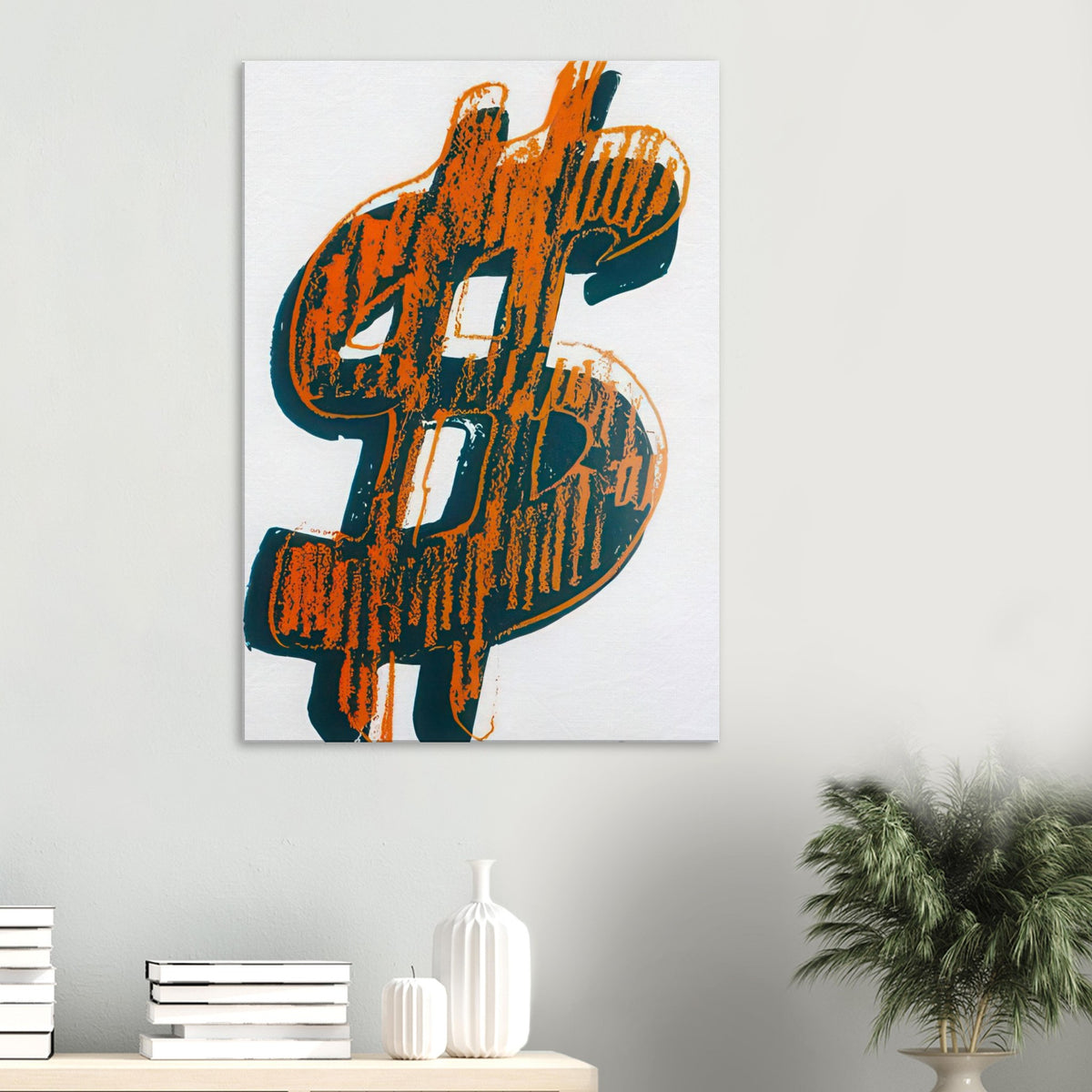 Andy Warhol canvas print depicting the repeated or isolated currency mark operates like a logo: simple, recognizable and assertive