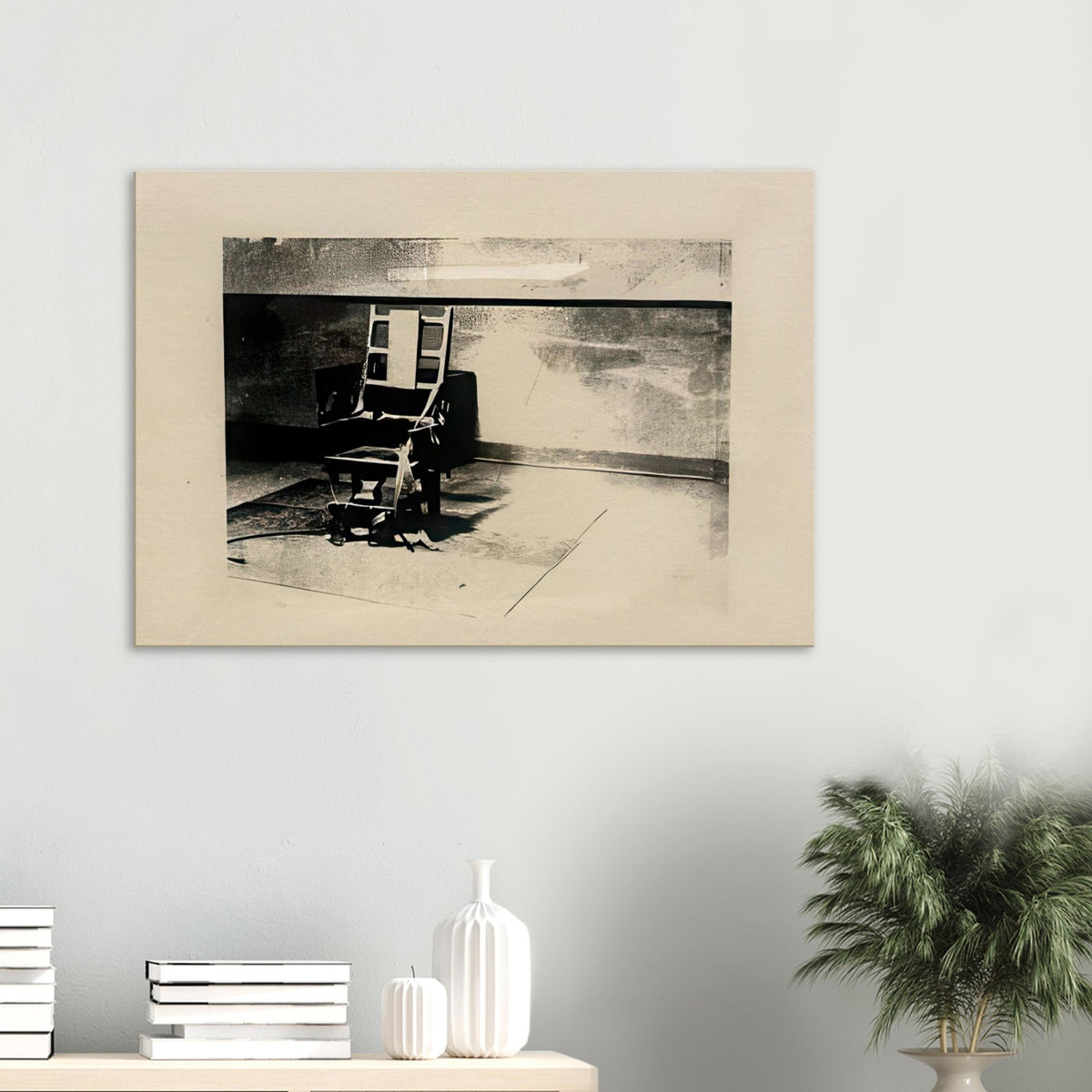 Andy Warhol canvas print depicting the stark chair, its surroundings and the tense emptiness of the room, a detail that connects the composition to its broader artistic subject