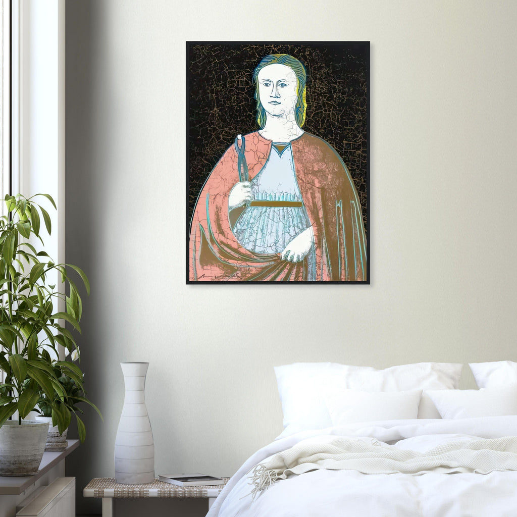 Andy Warhol framed print depicting the saint’s solemn presence, her symbolic attribute and the cracked appearance of the source painting remain visible; Warhol’s Saint Apollonia portfolio draws upon a Renaissance devotional image associated with Piero della
