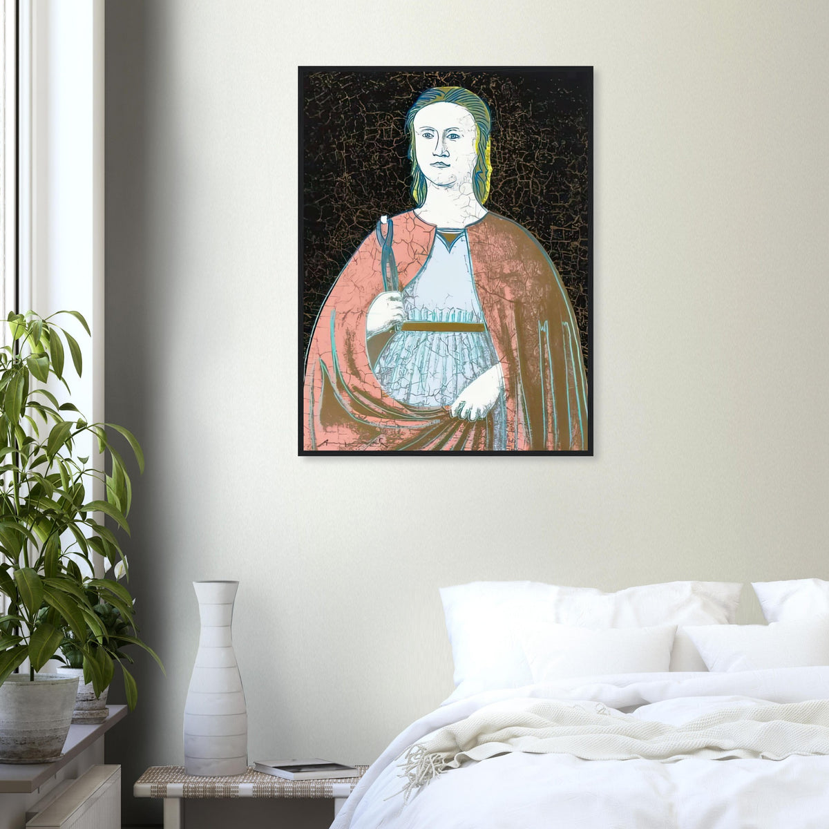 Andy Warhol framed print depicting the saint’s solemn presence, her symbolic attribute and the cracked appearance of the source painting remain visible; Warhol’s Saint Apollonia portfolio draws upon a Renaissance devotional image associated with Piero della