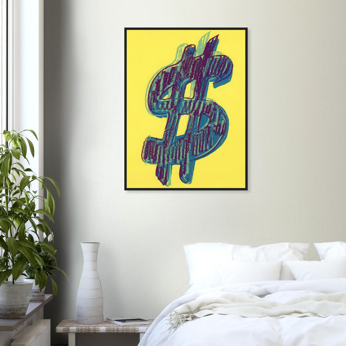 Andy Warhol framed print depicting the repeated or isolated currency mark operates like a logo: simple, recognizable and assertive