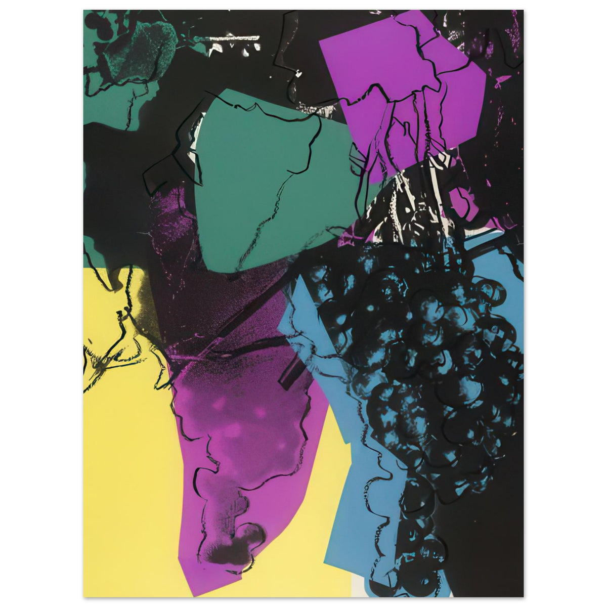 Andy Warhol poster depicting rounded grape forms and flowing stems provide a decorative rhythm, while the composition feels more graphic than naturalistic, 15x20 cm / 6x8″
