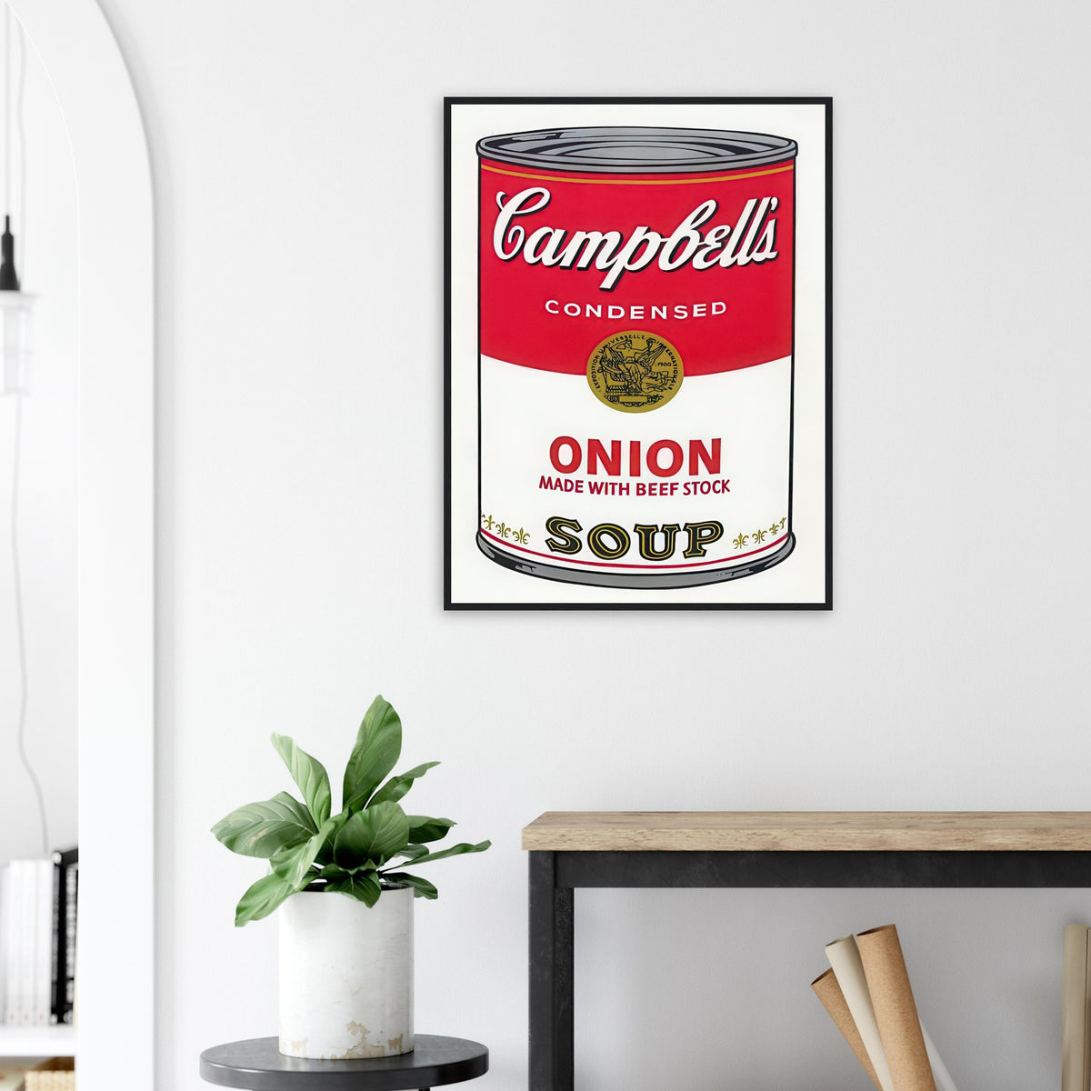 Andy Warhol framed print depicting the instantly legible soup-can silhouette, packaging lettering and product name create a highly recognizable commercial composition