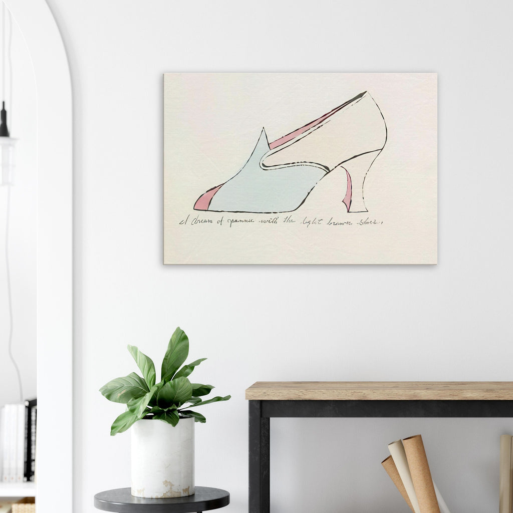 Andy Warhol canvas print depicting playfully drawn footwear with expressive line work, a detail that connects the composition to its broader artistic subject