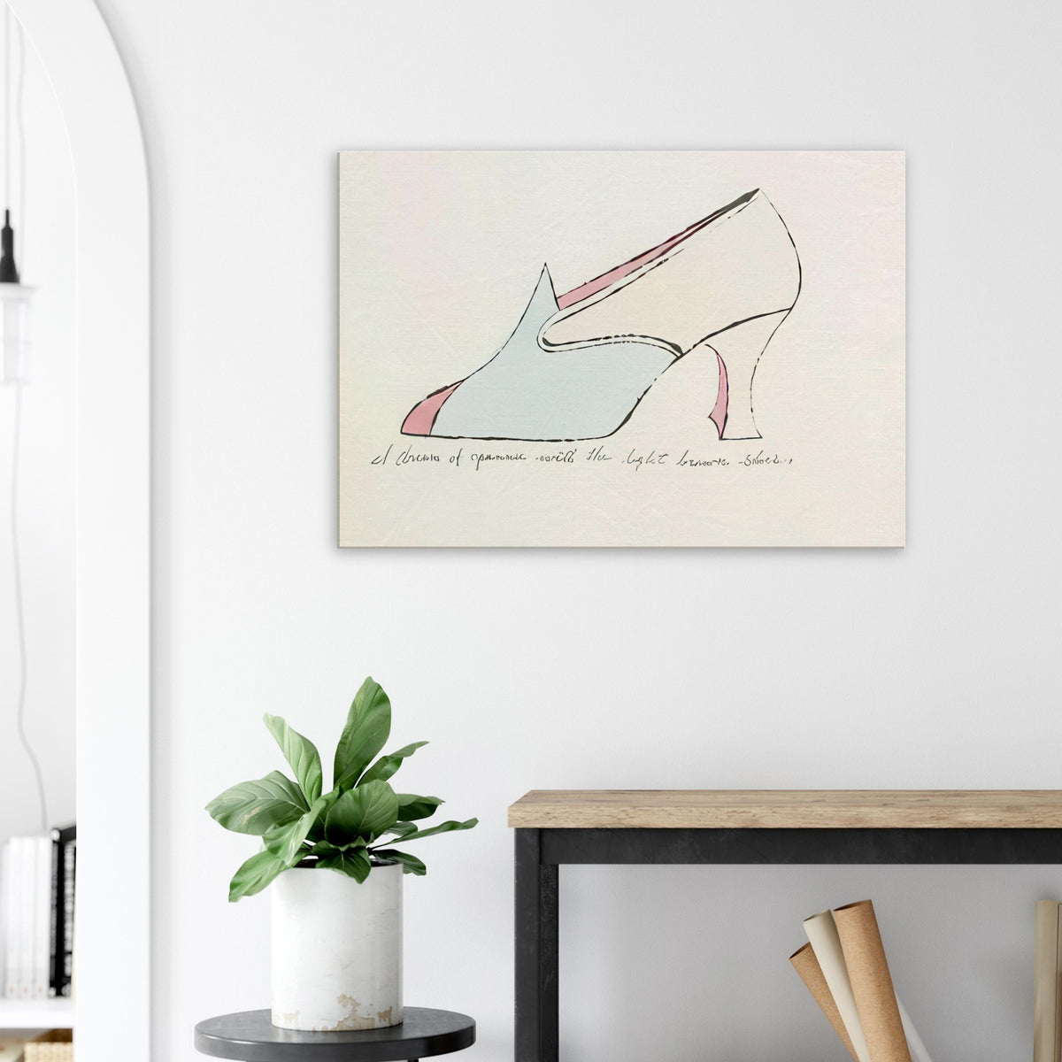 Andy Warhol canvas print depicting playfully drawn footwear with expressive line work, a detail that connects the composition to its broader artistic subject