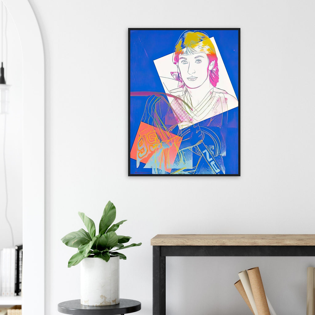 Andy Warhol framed print depicting a blue background and yellow linework frame layered imagery of Gretzky, emphasizing both his likeness and the rhythm of sport; Wayne Gretzky #99 presents the Canadian hockey player as a celebrity of sport