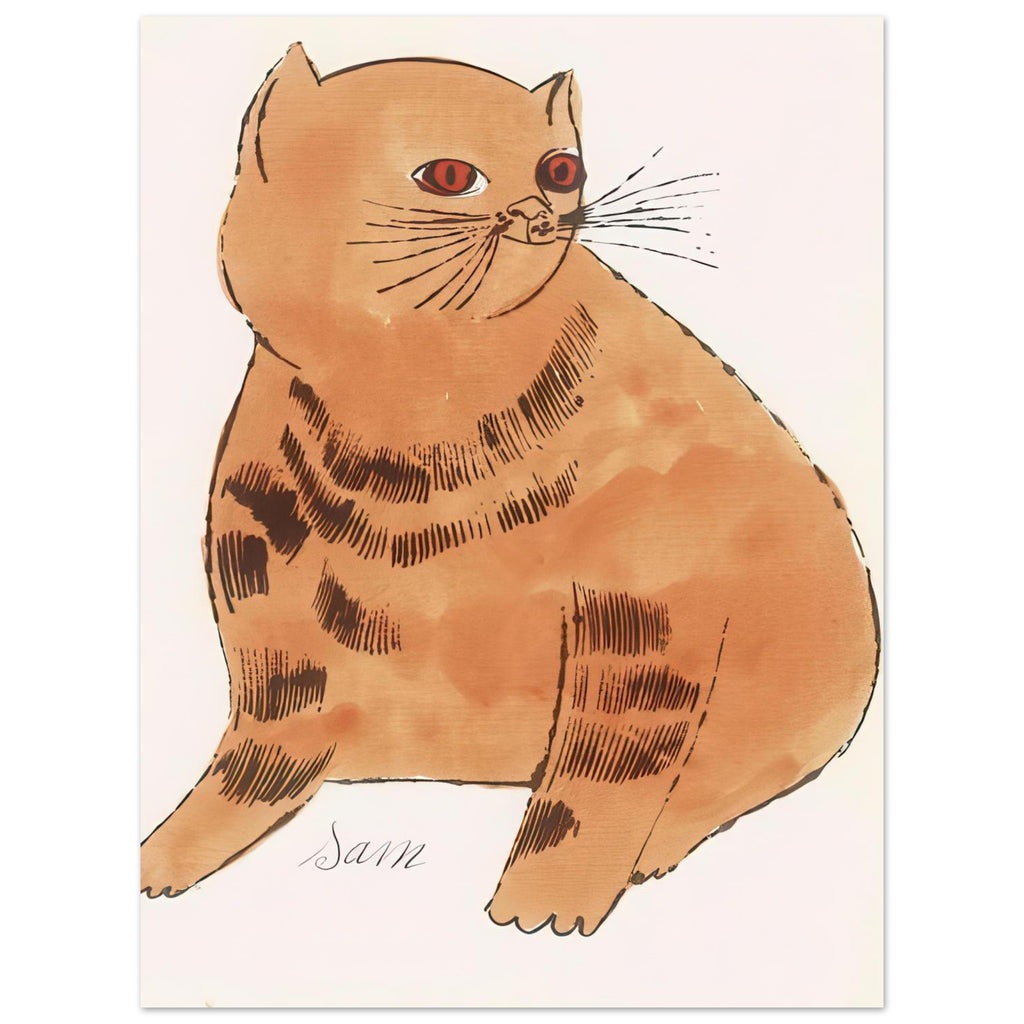 Andy Warhol poster depicting a spare contour drawing gives the animal its personality, while uncomplicated forms keep the focus on the cat’s outline and pose, 15x20 cm / 6x8″