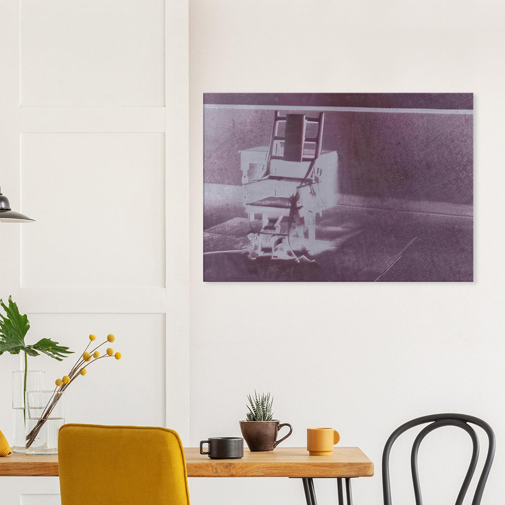 Andy Warhol canvas print depicting the stark chair, its surroundings and the tense emptiness of the room, a detail that connects the composition to its broader artistic subject