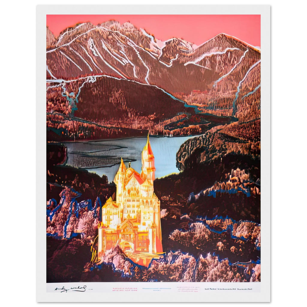 Andy Warhol framed print depicting the alpine castle stands against mountain slopes, a lake and a dramatic sky; Warhol’s image of Neuschwanstein Castle translates a heavily photographed Bavarian landmark into Pop Art, white frame, 27x35 cm / 11x14″