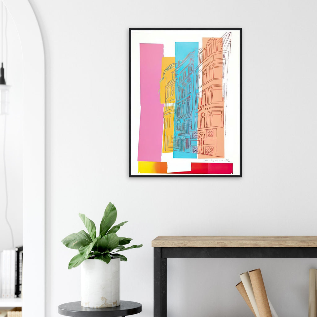 Andy Warhol framed print depicting sketched high-rise buildings are crossed by pink, blue and orange colour fields in a collage-like street scene; Viewpoint belongs to Warhol’s later experiments with drawing and unconventional subjects