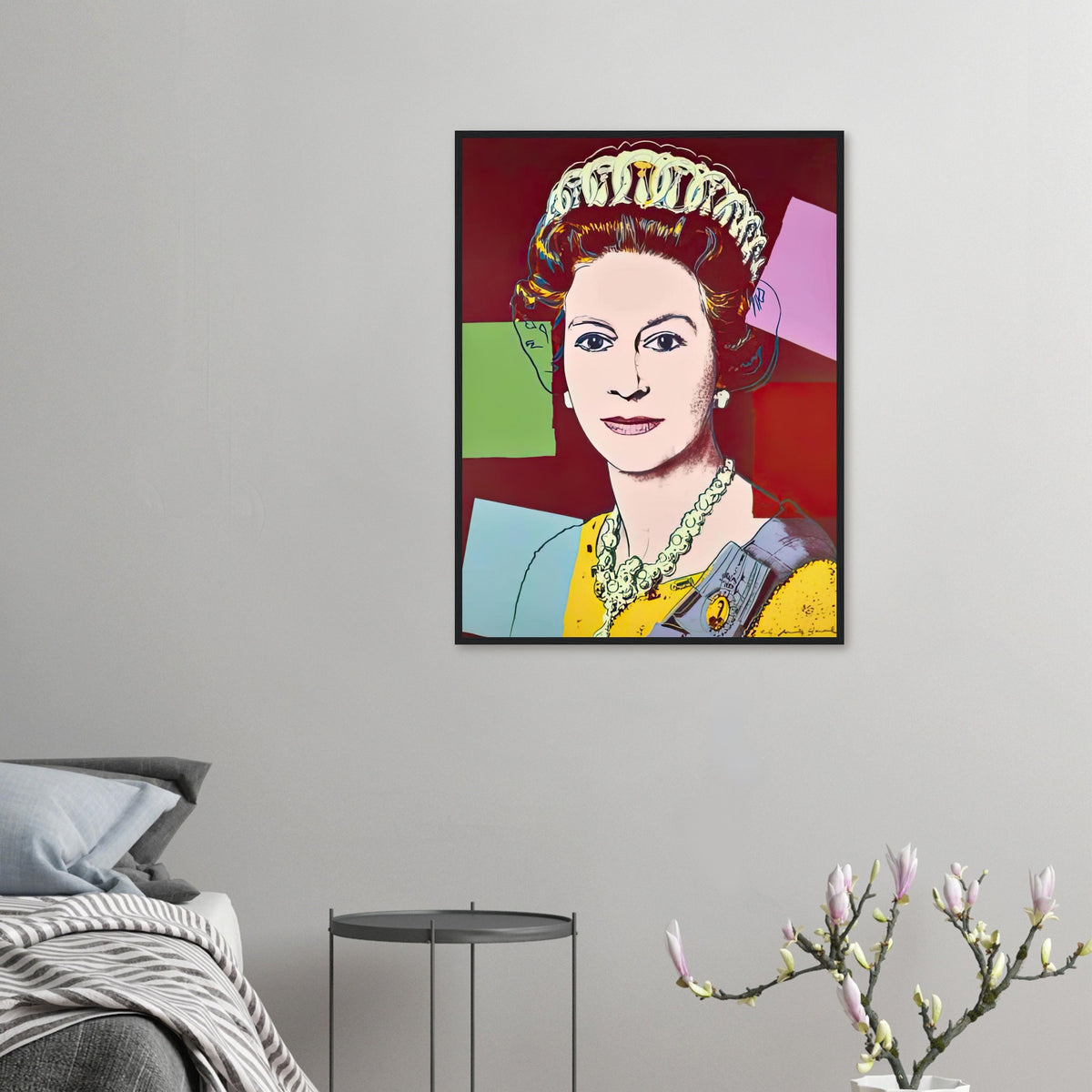 Andy Warhol framed print depicting this work depicts Queen Elizabeth II of the United Kingdom; The Reigning Queens portfolio presented four women who held ruling power in their own right: Elizabeth