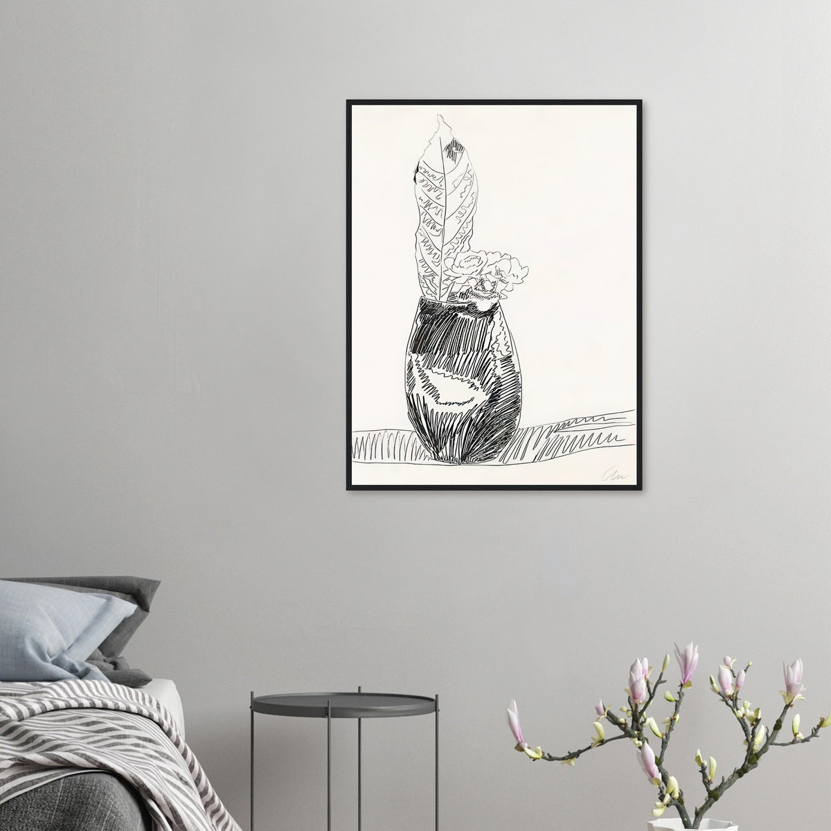 Andy Warhol framed print depicting the black-and-white treatment emphasizes shapes, texture and the structure of the flowers rather than bright color accents