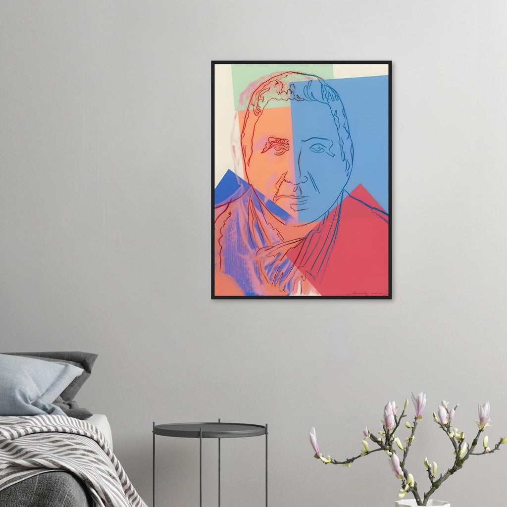 Andy Warhol framed print depicting the image centers on a distinctive likeness rather than narrative scenery; line and simplified contrast make the person the focus