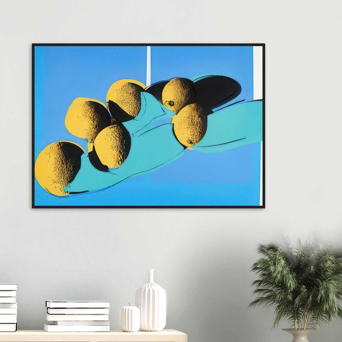 Andy Warhol framed print depicting rounded fruit forms, expressive edges and the recognizable shapes of cantaloupes, a detail that connects the composition to its broader artistic subject