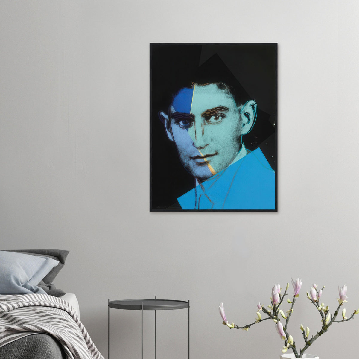 Andy Warhol framed print depicting the image centers on a distinctive likeness rather than narrative scenery; line and simplified contrast make the person the focus