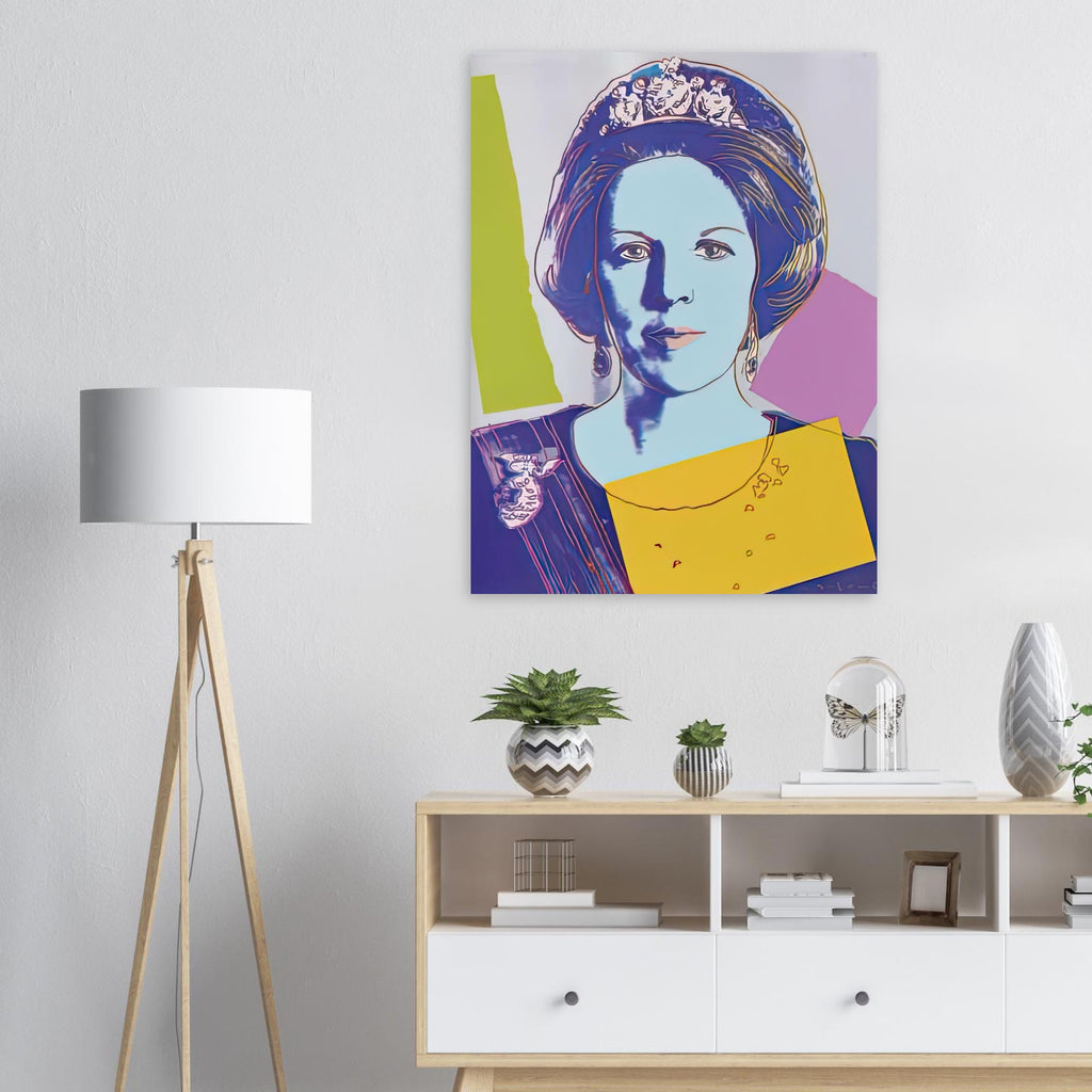 Andy Warhol poster depicting the recognizable royal portrait becomes a strong graphic focal point
