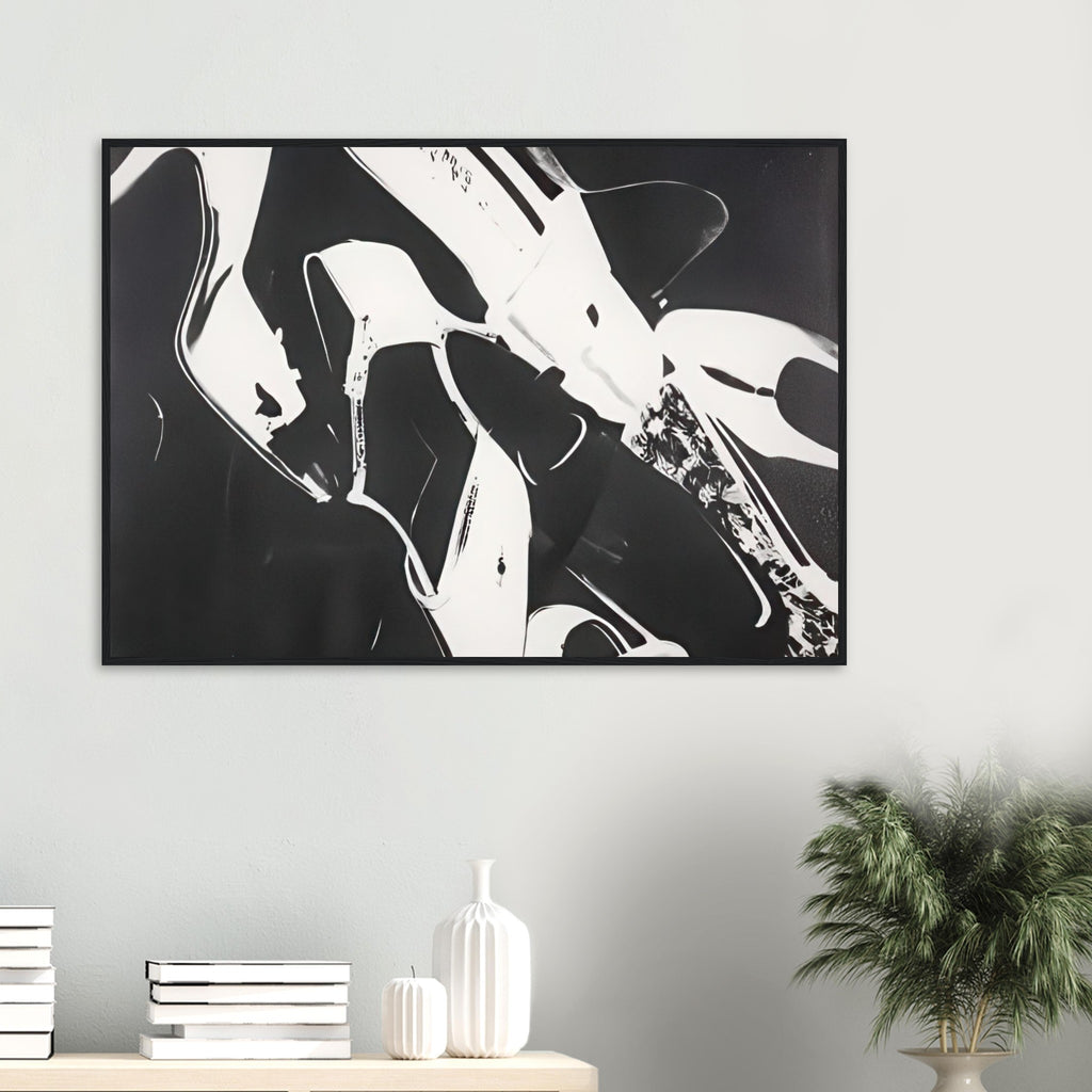 Andy Warhol framed print depicting a lively arrangement of footwear, with overlapping silhouettes and decorative texture, a detail that connects the composition to its broader artistic subject