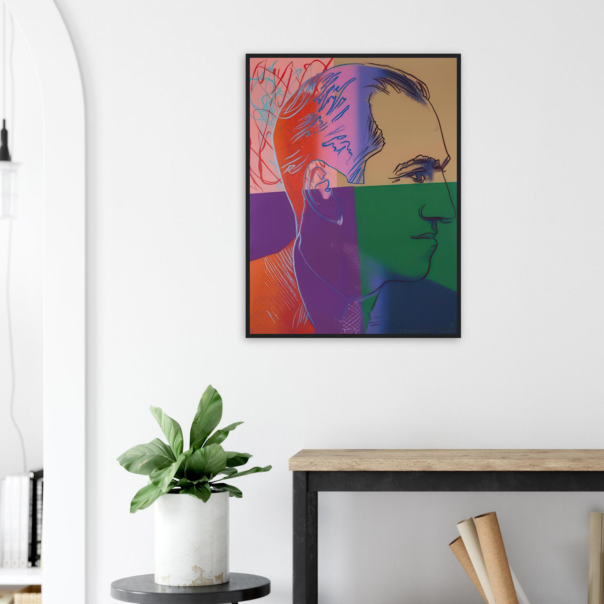 Andy Warhol framed print depicting the image centers on a distinctive likeness rather than narrative scenery; line and simplified contrast make the person the focus