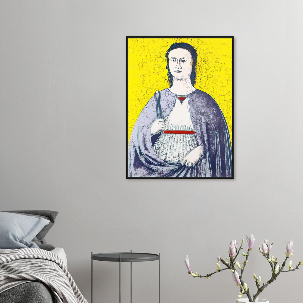 Andy Warhol framed print depicting the saint’s solemn presence, her symbolic attribute and the cracked appearance of the source painting remain visible; Warhol’s Saint Apollonia portfolio draws upon a Renaissance devotional image associated with Piero della