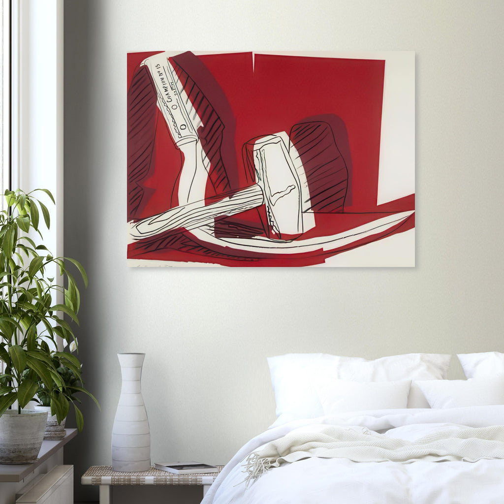 Andy Warhol poster depicting the industrial hammer and curved sickle as emphatic, intersecting shapes, a detail that connects the composition to its broader artistic subject