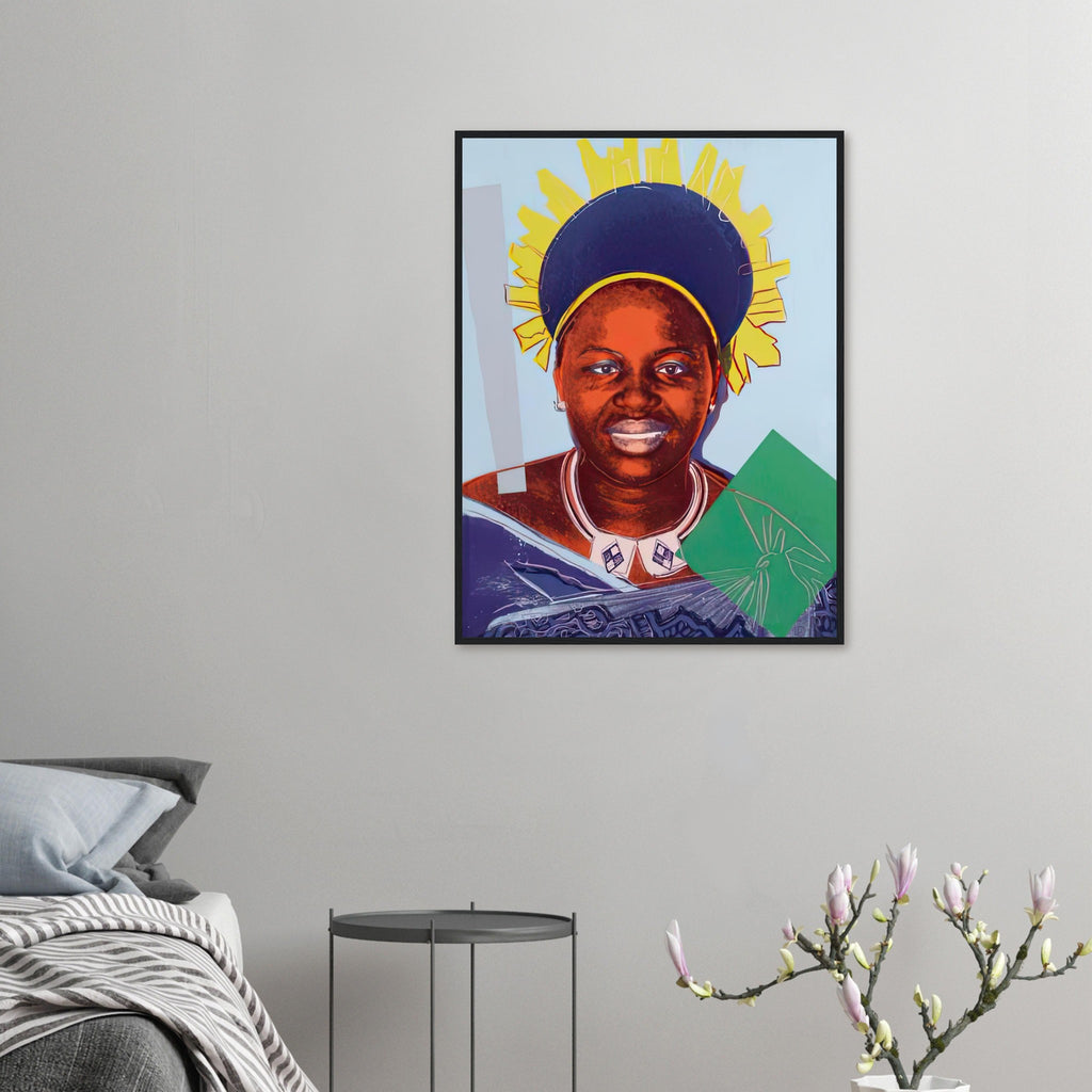 Andy Warhol framed print depicting this work depicts Queen Ntombi Twala of Swaziland; The Reigning Queens portfolio presented four women who held ruling power in their own right: Elizabeth