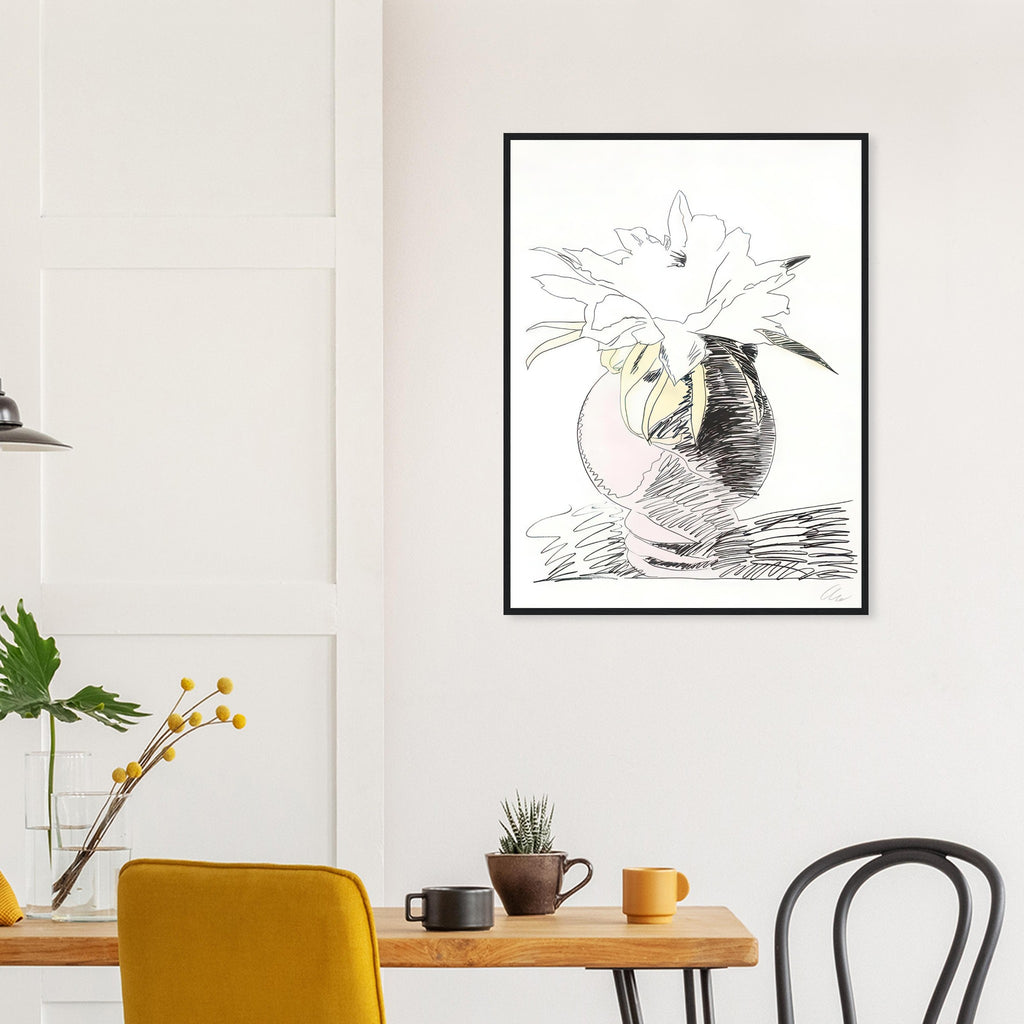 Andy Warhol framed print depicting the design highlights the relationship between compact petals, organic contours and deliberately graphic printmaking marks