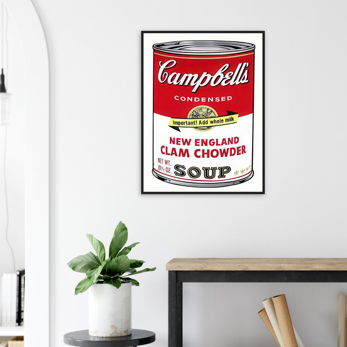 Andy Warhol framed print depicting the instantly legible soup-can silhouette, packaging lettering and product name create a highly recognizable commercial composition