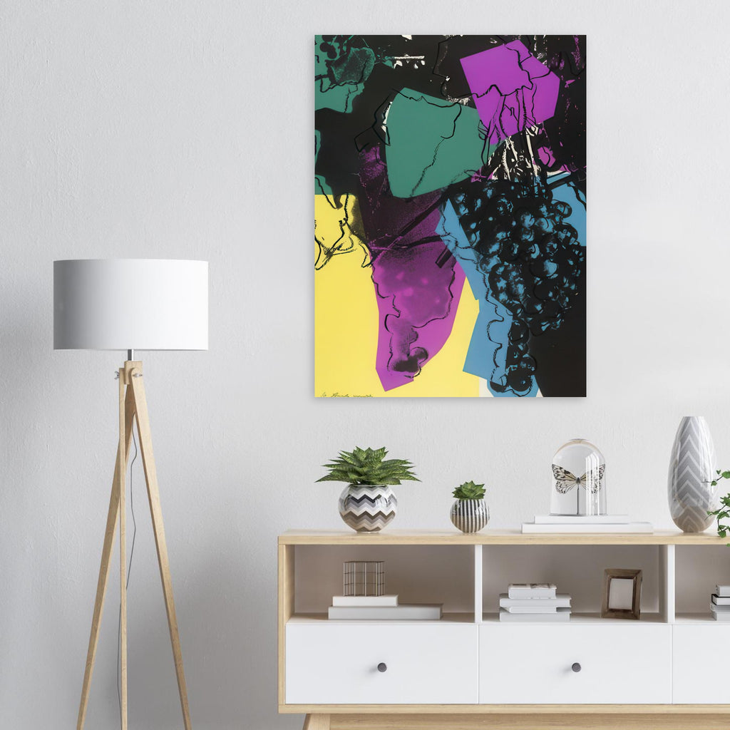 Andy Warhol poster depicting rounded grape forms and flowing stems provide a decorative rhythm, while the composition feels more graphic than naturalistic