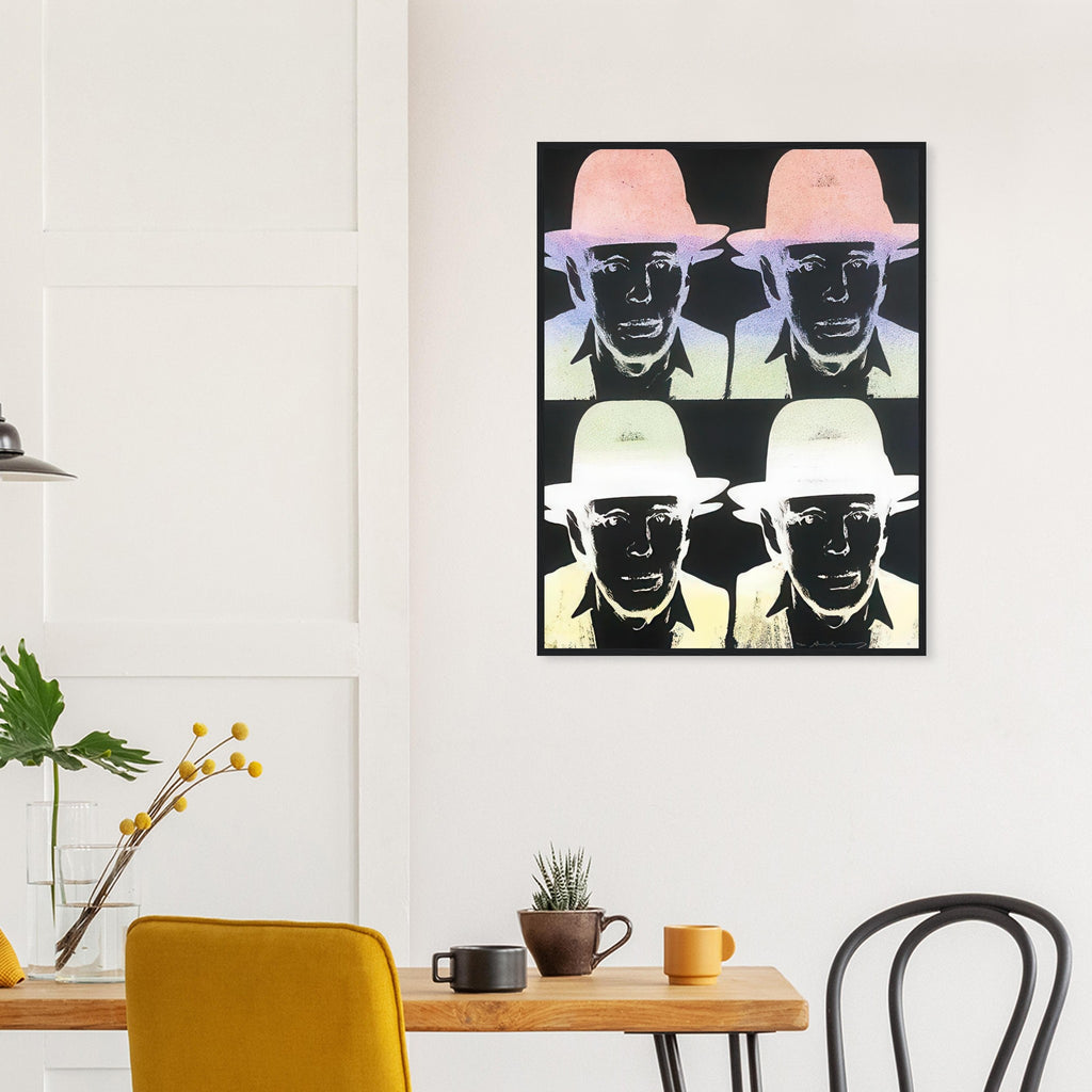 Andy Warhol framed print depicting dark facial areas are crossed by pastel ombré highlights, with the hat and jacket emerging from near-black tones; Warhol portrayed fellow artist Joseph Beuys after photographing him in 1979