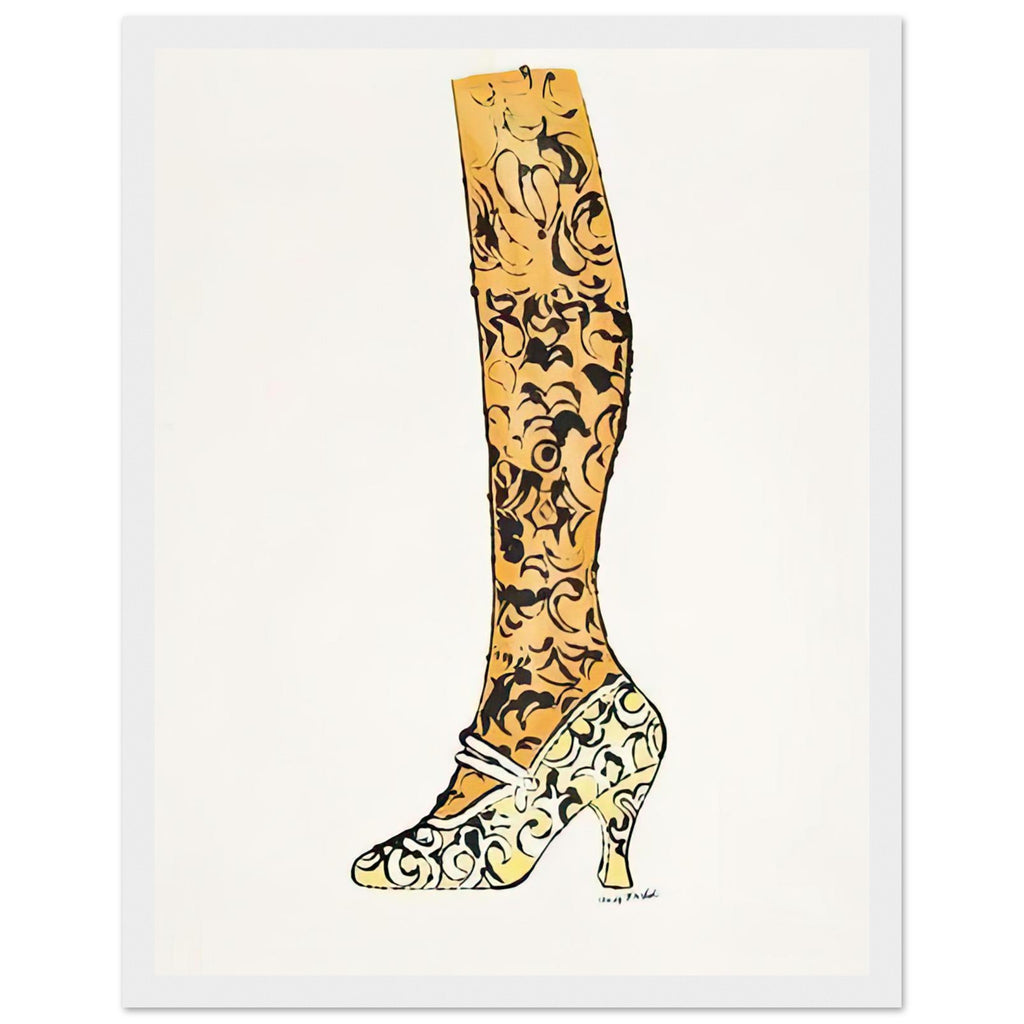 Andy Warhol framed print depicting a bright yellow high heel, golden-toned leg and black paisley decoration make an elegant fashion drawing feel witty and theatrical; Shoe and Leg comes from Warhol’s commercial-illustration era and the witty La Recherche du Shoe Perdu, white frame, 27x35 cm / 11x14″