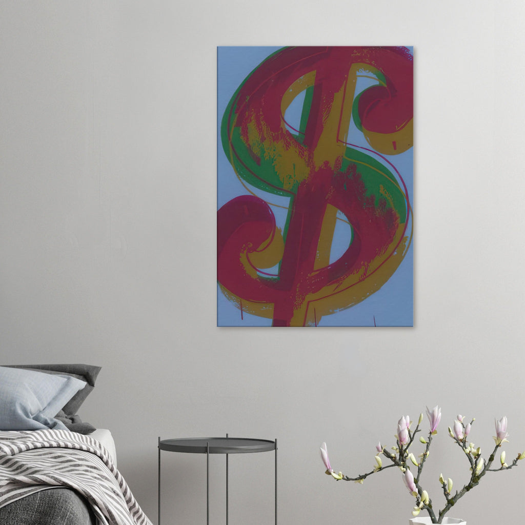 Andy Warhol canvas print depicting the repeated or isolated currency mark operates like a logo: simple, recognizable and assertive