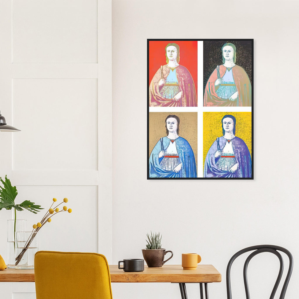 Andy Warhol framed print depicting the saint’s solemn presence, her symbolic attribute and the cracked appearance of the source painting remain visible; Warhol’s Saint Apollonia portfolio draws upon a Renaissance devotional image associated with Piero della
